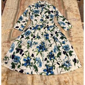 Samantha Sung Womens Size 6 Blue Floral Botanical Belted Shirt Dress Cotton Midi